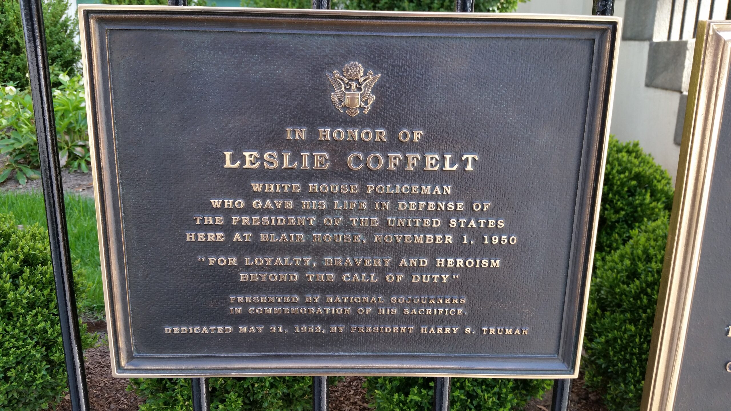 History of the US Secret Service - Leslie Coffelt plaque honoring the only secret service agent killed while protecting the president.