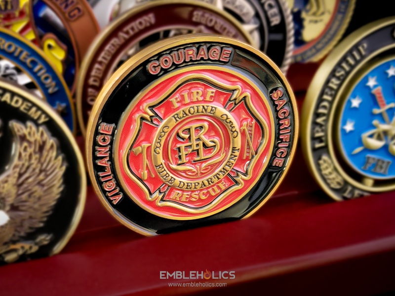 Racine Fire Department custom firefighter challenge coin with red enamel crest