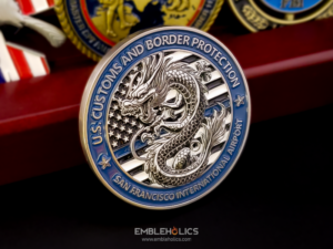 CBP challenge coin with sculpted dragon in brushed metal finish