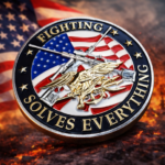 Military coin commissioned by a former special warfare specialist who wanted to represent his company to customers. The back of the coin design features two crossed rifles with a beautiful waving American flag background, along with the Seal Trident in great detail and a fitting phrase around the edge.